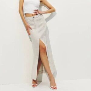 Reformation Neutral Linen High Waist Midi Skirt with Slit Oatmeal Size 2 / 24"